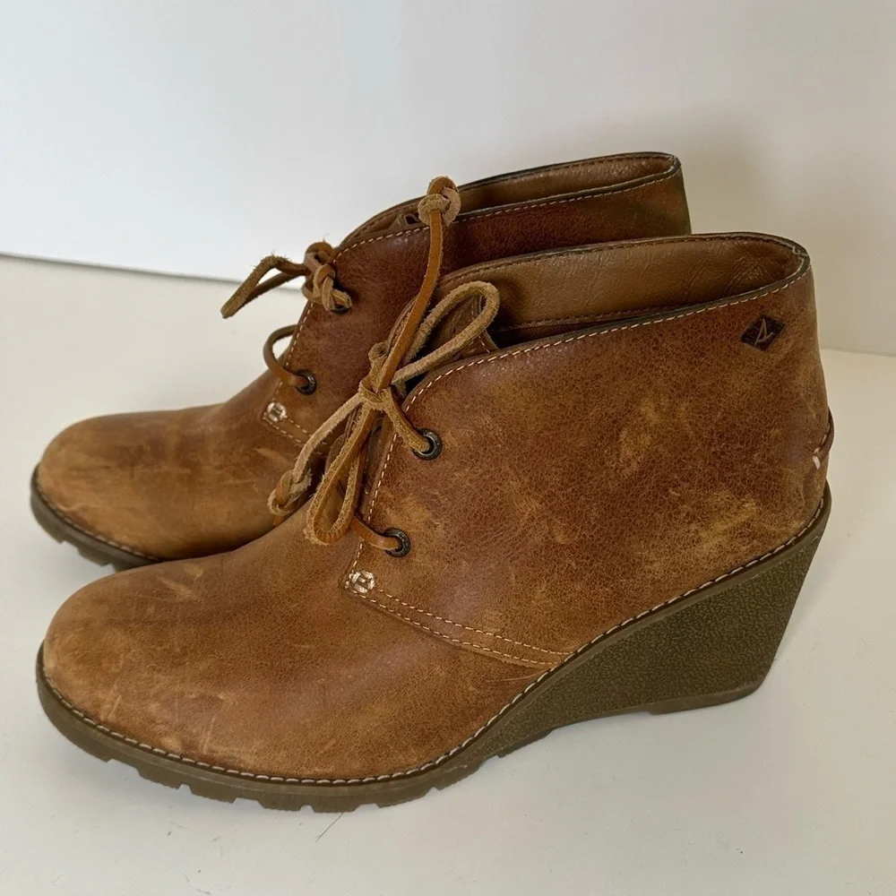 Sperry Top Slider Distressed Brown Leather Lace up Wedge Heel Ankle Boots Sz 7.5